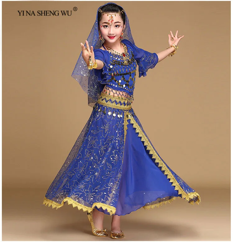 Дети Болливуд набор костюма для танца живота девушка танец живота Восточный танец Индия сари Дети шифон сценический костюм