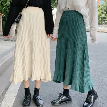 

Colorfaith New 2019 Autumn Winter Women Knitted Pleated Ruffles Solid Korean Elegant Skirts Ladies Casual Fashion Midi SK8990