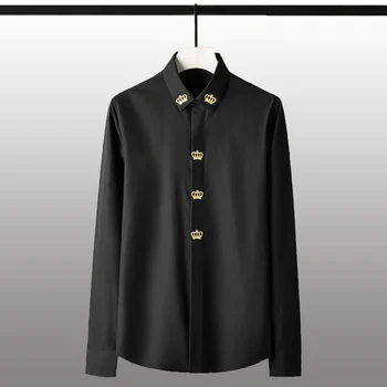 

New Cotton Solid Color Men Shirts Luxury Golden Embroidery Long Sleeve Mens Dress Shirts Fashion Slim Fit Male Shirts 4XL