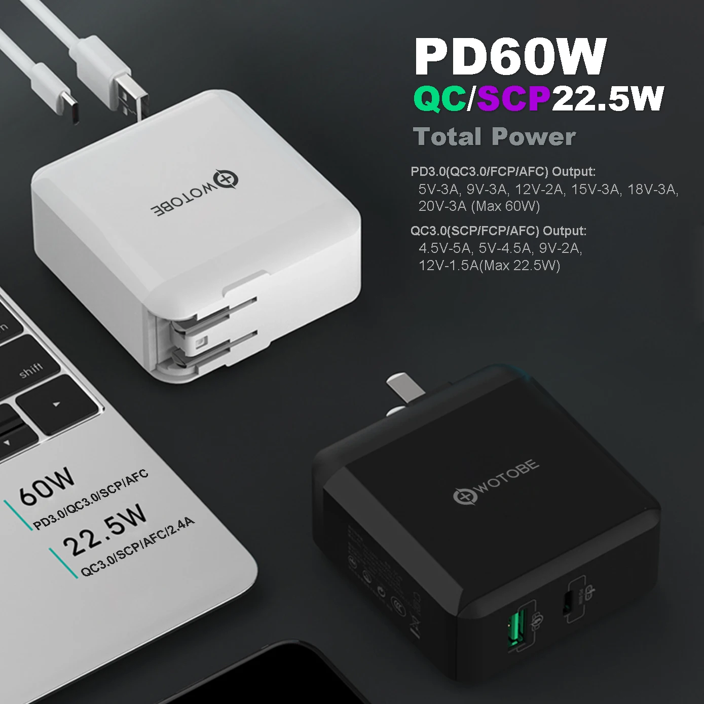 2 порта 78 Вт USB-C адаптер питания, 1 порт PD60W и 1 порт QC3.0/SCP/AFC 22,5 W зарядное устройство для huawei p20/30 MacBook iPad Pro iPhone 11 s10
