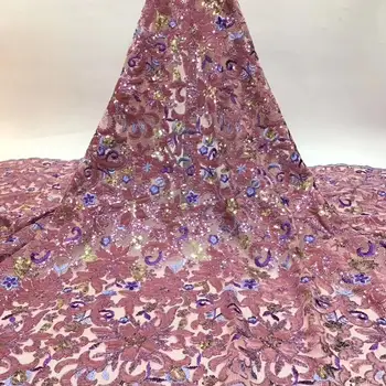 

2020 Latest Pink French Nigerian Net Lace,African Velvet Tulle Mesh Sequence Lace Fabric High Quality For Wedding Dress 5Yards