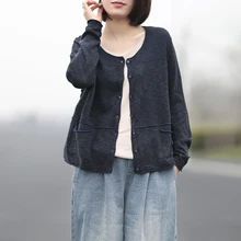 Johnature женский осенний хлопковый льняной однобортный вязаный кардиган с v-образным вырезом винтажный женский свитер с длинными рукавами и карманами