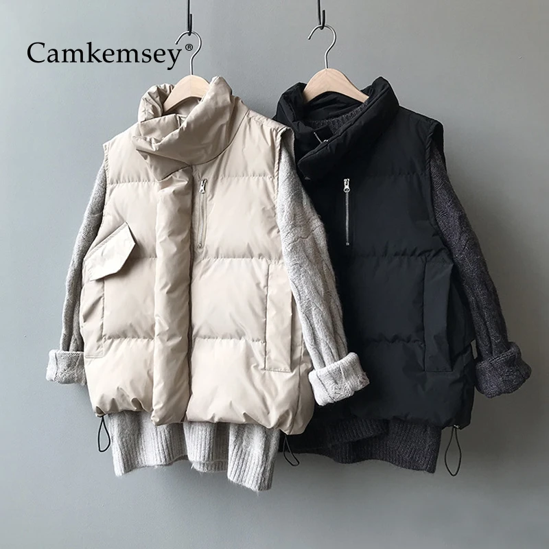 

CamKemsey Autumn Winter Parkas Vest Coats Women Fashion Stand collar Casual Solid Pockets Zippers Down Cotton Padded Vest Coat
