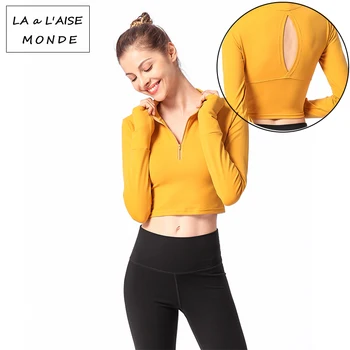 

2019 Tight Long Sleeve Yoga T-Shirt Mid Back Half Zip Sports Lumbar Fitness Backless Long Sleeve T-Shirt Lumbar Fitness clothes