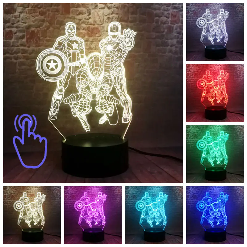 Touch Switch Marvel Железный человек фигурка 3D иллюзия светодиодный настольный ночник светильник красочный светильник Мстители Человек-паук фигурка маска Железного человека модель игрушки - Цвет: Touch Switch