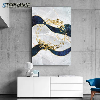 

Abstract Gold Fish Canvas Painting Nordic Marble Decor Japanese Print Big Gold Poster Wall Art for Living Room Modern Tableaux