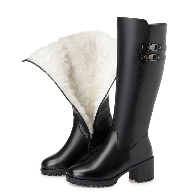 

Real Genuine Leather Winter Boots Women High Heel Mid Calf Riding Boots Designer Furry Booties Shearling Wool Warm Shoes P176