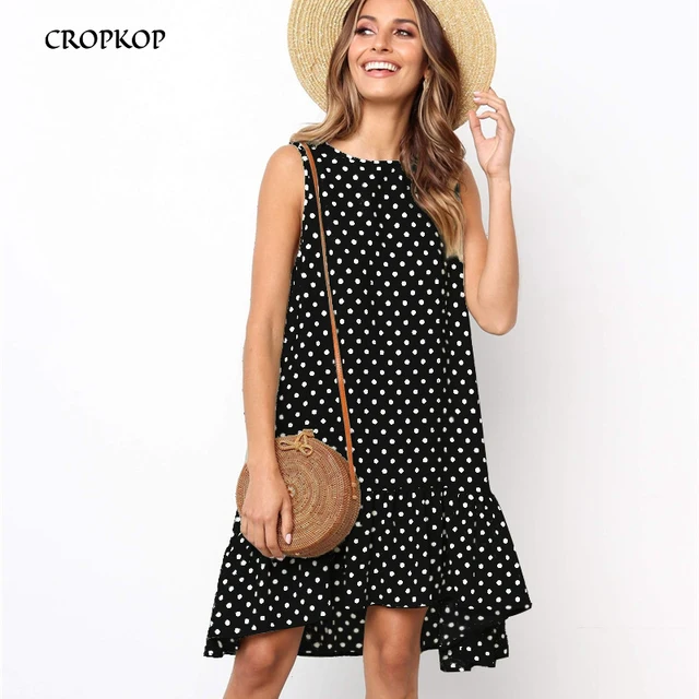 US $6.08 Women Summer Dress Ruffles Polka Dot Sleeveless Mini Dresses Plus Size Casual Loose Black Beach Sun