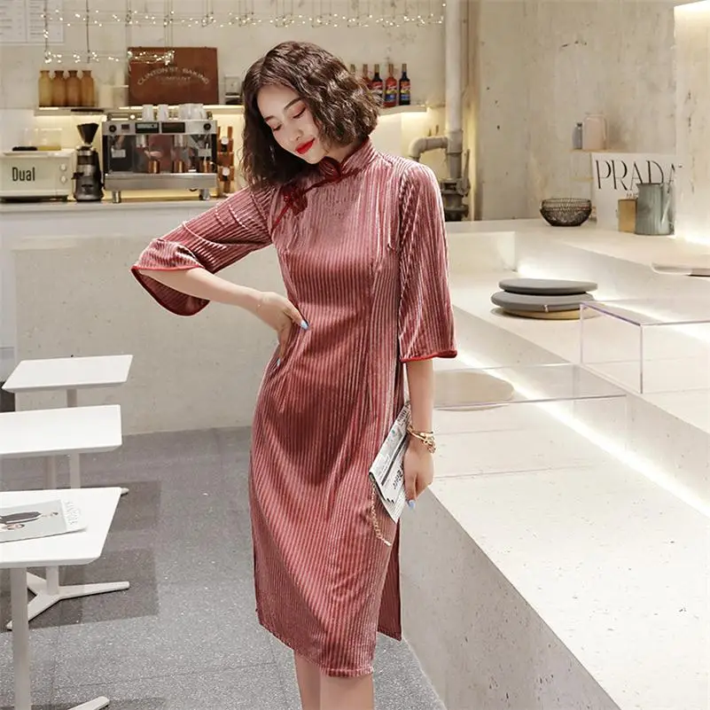 До колена Cheongsam Vestidos Размер S-2XL винтаж бархат дамы элегантное вечернее платье улучшенное Qipao