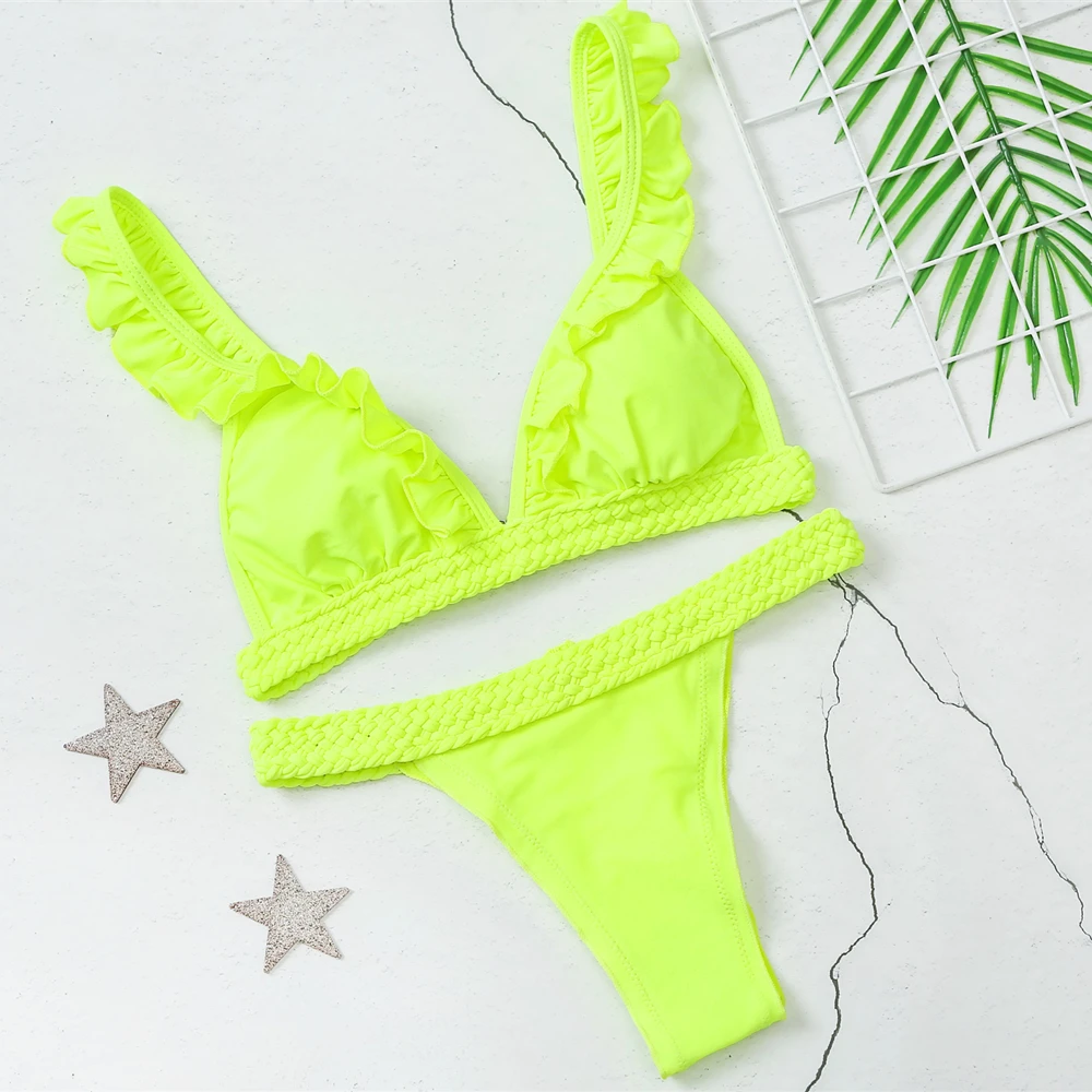 neon green swimsuit Неоновый зеленый купальник Женские стринги купальник женский комплект бикини из двух частей вязанный крючком бразильский купальник женский бикини с оборками - Цвет: neon green swimsuit