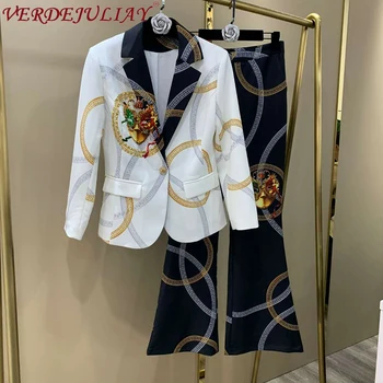 

VERDEJULIAY Vintage Letter Women Blazer Jacket With Flare Pant Suit Set Fashion office Blazer Coat Ladies Outwear Female Sets