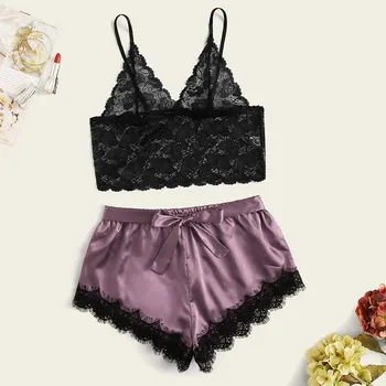 

2020 The New пижама Women Home Sexy Floral Lace Bralette Bowknot Satin Shorts Sleepwear Pajamas Sleepwear пижама для женщин