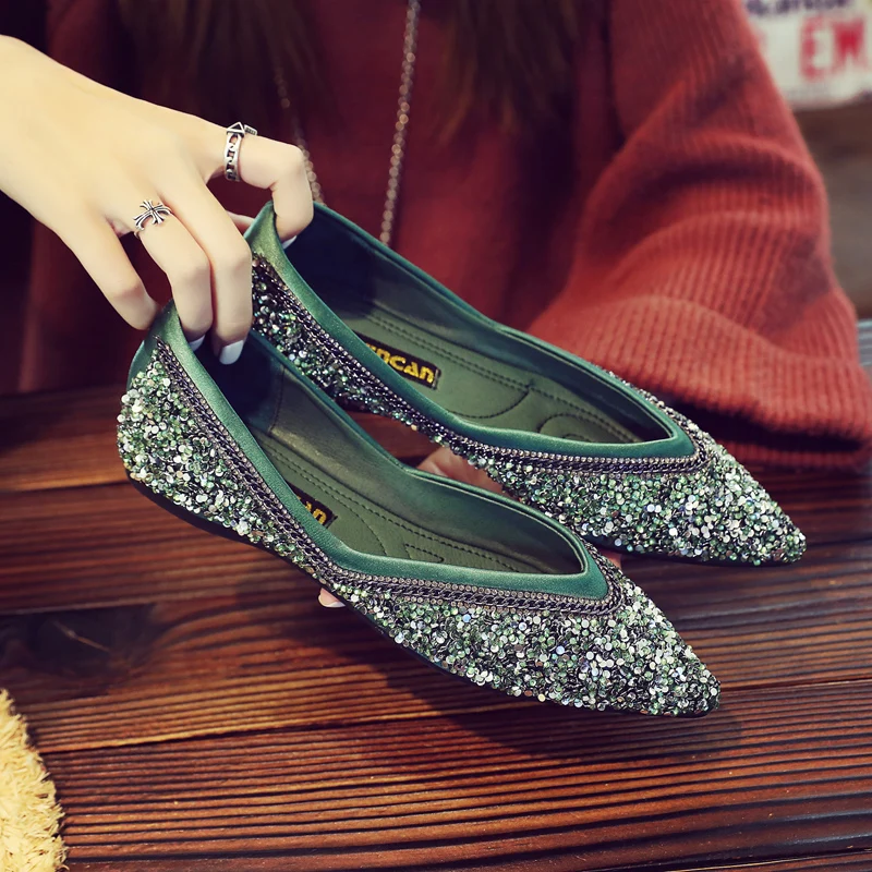 

silver glitter ballet flats women pointed toe metal chains mules shoes V open sequined espadrilles women zapatos de mujer y558