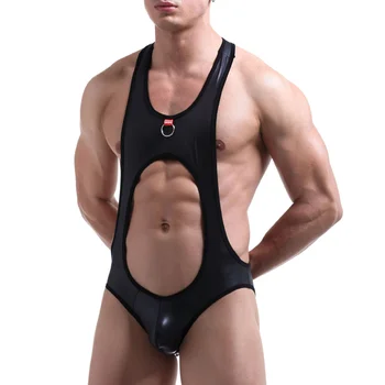 

Sexy Mens Bodysuits Leotard PU Leather Exotic Jumpsuits Jockstrap Fetish Lingerie Undershirts Gay Latex Underwear Black Clubwear