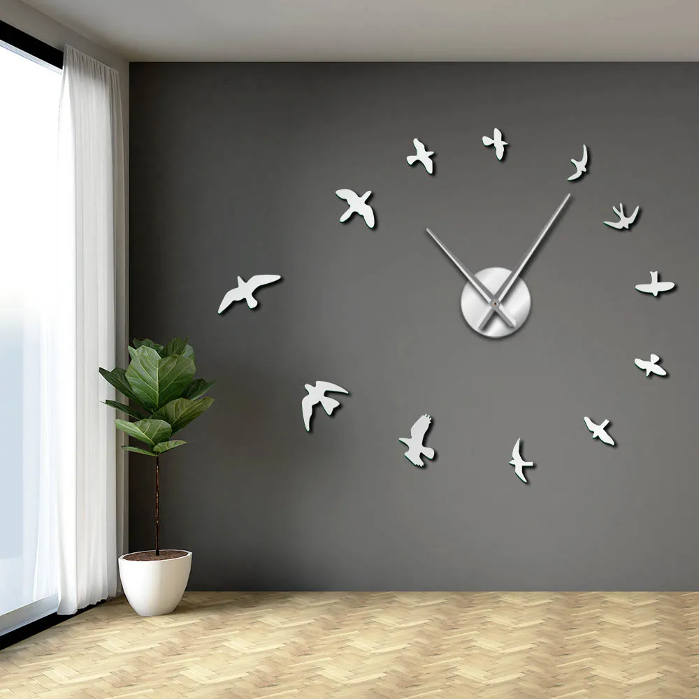 Большие настенные часы-наклейки 3D Fly зеркало для птиц, безрамные гигантские часы «сделай сам» с животными, огромные Современные часы для украшения дома