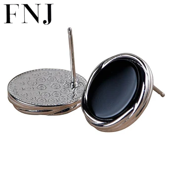 

FNJ Black Agate Round Flat Earrings 925 Silver Original Pure S925 Sterling Silver Stud Earring Women Jewelry Vintage