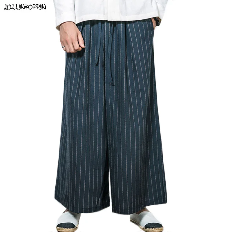 

Men Stripe Pattern Wide Leg Pants Cotton & Linen Japan Style Loose Fit Striped Trousers Baggy Drawstring Waist Kendo Pants