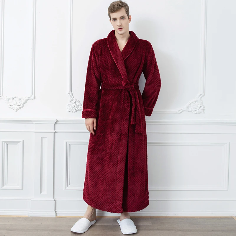 mens cotton pajama pants Men Extra Long Warm Jacquard Flannel Bath Robe Winter Plus Size Zipper Bathrobe Mens Coral Fleece Robes for Women Dressing Gown mens pyjama tops Men's Sleep & Lounge