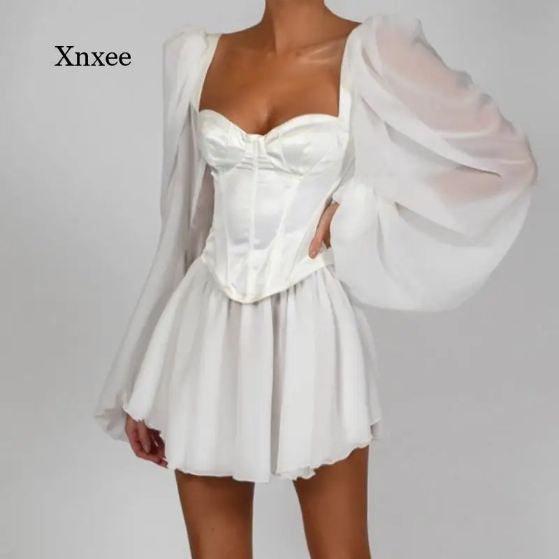 

A-Line Mini Dress Square Collar Women Fashion Elegant High Waist Slim Solid White Office Lady Spring Autumn Women Party Dresses