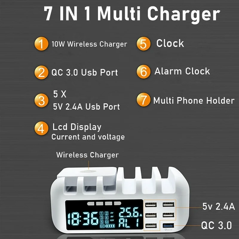 48W Multi Phone USB Wireless Charger With Clock for IPhone 11 12 Pro Max QC 3.0 LCD Fast Charging Station For Samsung Xiaomi