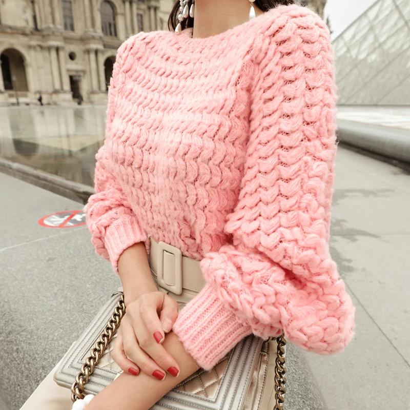 H Han Queen Solid Color Pink Batwing Sleeve Knitted Pullovers Sweater Women Winter New Loose Pullover Sweaters Casual Mujer Tops