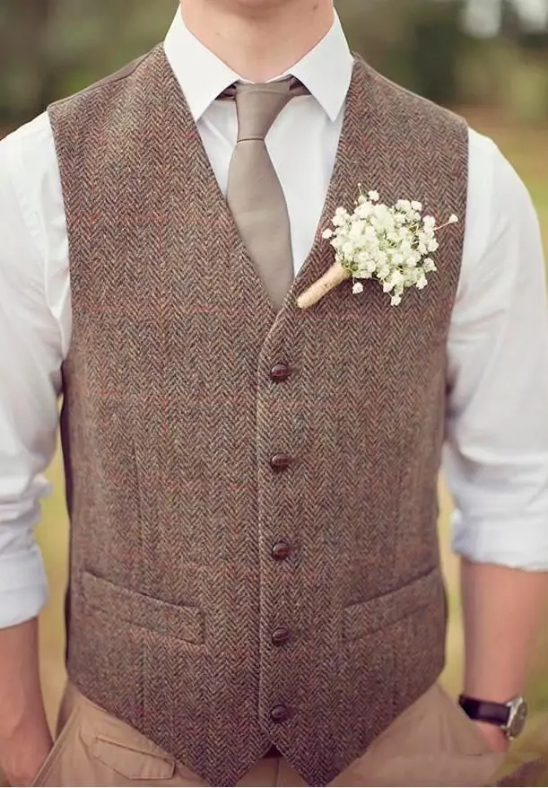 Vintage Farm Brown Tweed Vests Herringbone British Style Men's Suit Tailor Made Slim Fit Blazer Wedding Suits for Men