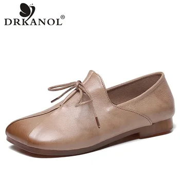 

DRKANOL Brand 2020 Handmade Shoes Woman Slip On Loafers Vintage Genuine Leather Women Flat Shoes Shallow Leather Shoes Female