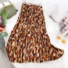 Корейская плиссированная юбка с принтом листьев WF0008, Женская Весенняя летняя длинная юбка средней длины с цветочным принтом, женская модная шифоновая юбка