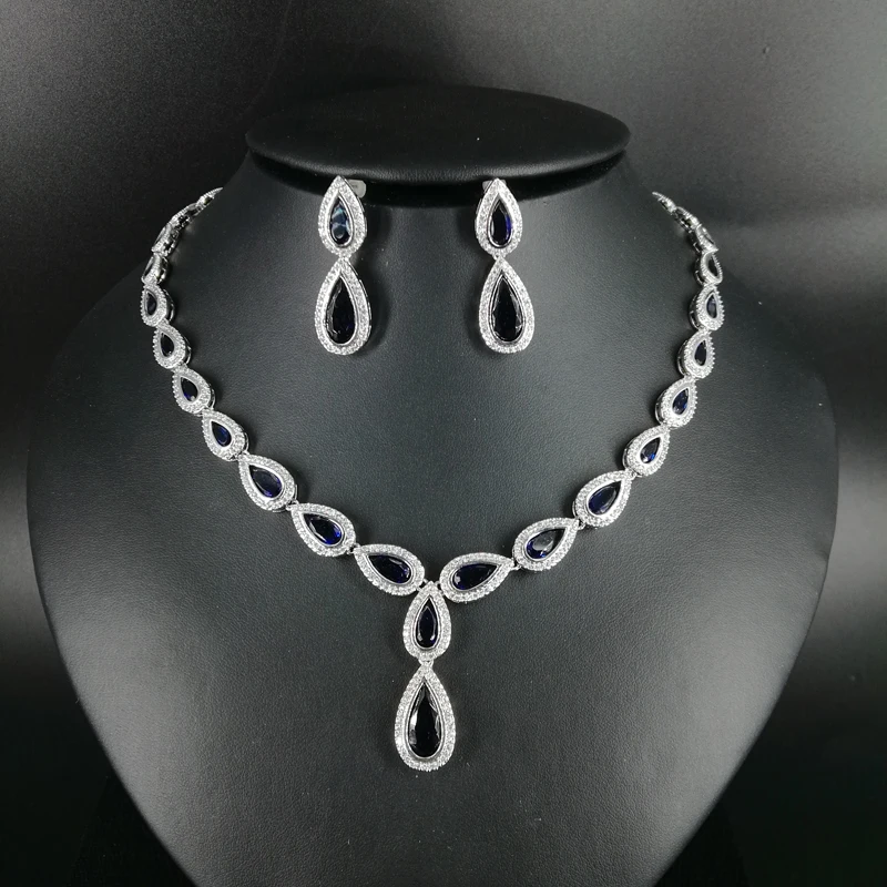 

2019new fashion luxury blue water drop zircon necklace earring set,wedding bridel party banquet dress jewelry free shipping