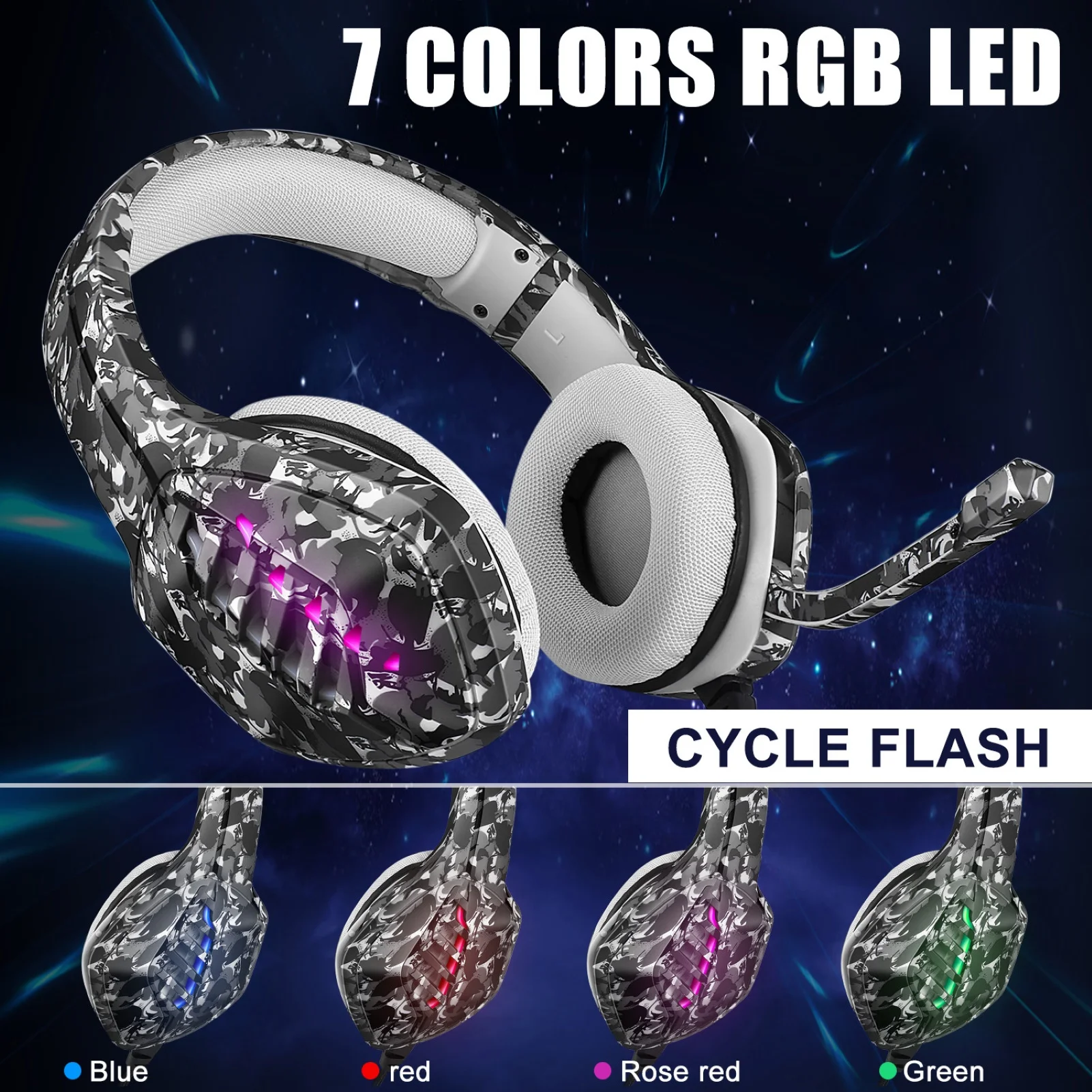J1 Camouflage Gaming Headset Headphone with Microphone Noise Reduction LED Light