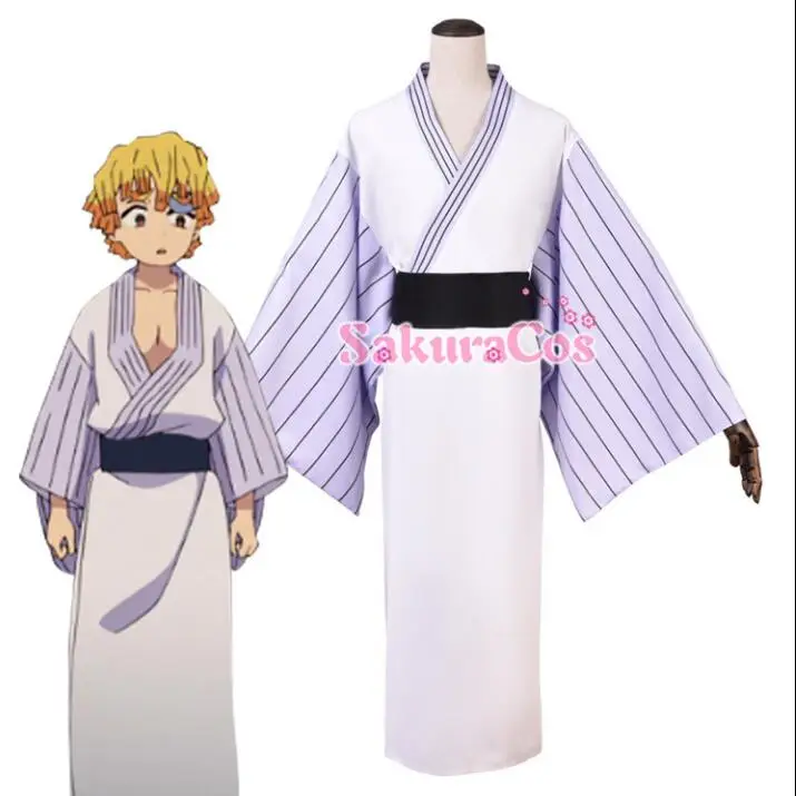 

Japanese Anime Kimetsu no Yaiba Demon Slayer Agatsuma Zenitsu Cosplay Costume Kimono Woman Man Bathrobe