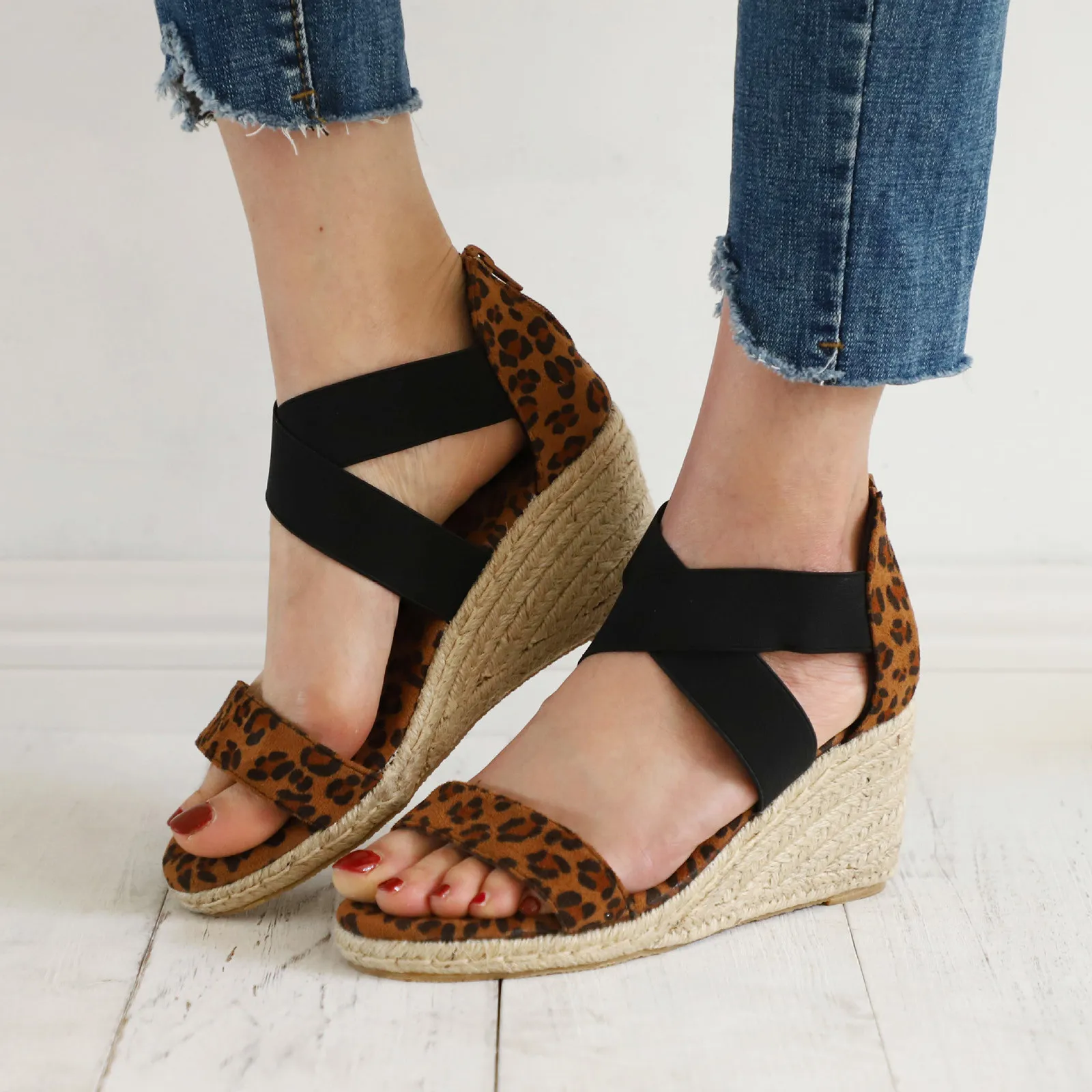 Women's Summer Casual Leopard Open Toe Platforms Sandals Wedges High Heel Shoes 
