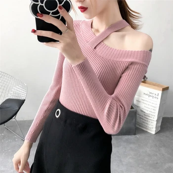 

Irregular Neck Halter Knitted Sweater Female Casual Pullover Women Autumn Winter Tops Korean Sweaters Fashion 2019 Women Sweater