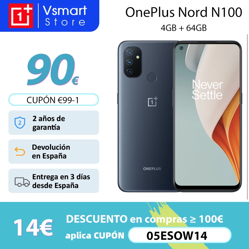 OnePlus Nord N100 teléfono móvil inteligente versión Global, Smartphone de 4GB y 64GB, octa-core, 90Hz, pantalla de 6,52 pulgadas, 5000mAh, Triple CÁMARA DE 13MP, Conector de auriculares de 3,5mm,código:05ESOW14