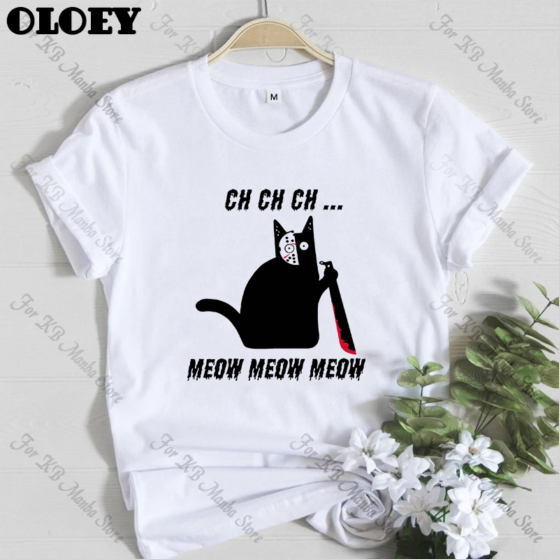 T Shirt Femme Estival Et Humoristique Avec Motif De Chat Jason Voorhees Meow Et Meow Pour Halloween Streetwear Aliexpress