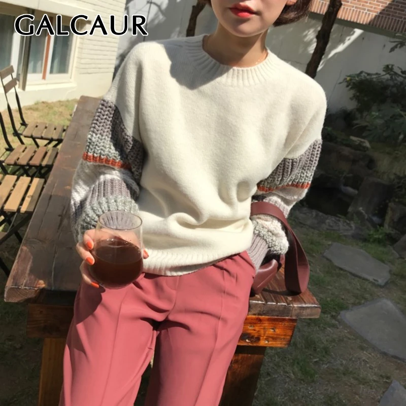 

GALCAUR Streetwear Hit Color Patchwork Women's Sweater O Neck Long Sleeve Korean Female Cardigan Autumn Fashion New Clothes 2019