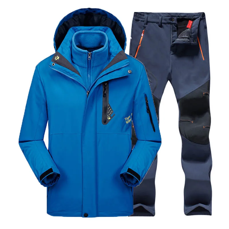 Мужские и женские зимние осенние новые куртки 3 в 1, Лыжный лагерь, скалолазание, треккинг, рыбий поход, цикл, водонепроницаемое пальто, большие размеры, для мужчин и женщин - Цвет: Blue Blue Men