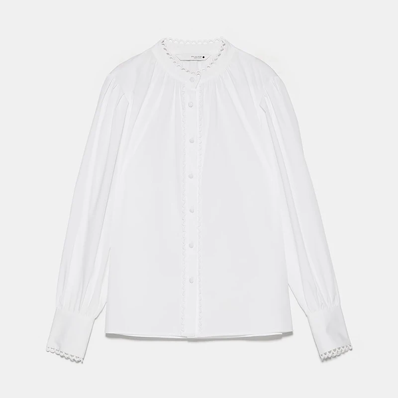 ZA новая белая рубашка осень зима модная женская гофрированная стоячий воротник с длинным рукавом Однотонная Повседневная рубашка Офисная Женская рубашка