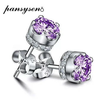 

PANSYSEN Natural Purple Amethyst Stud Earrings For Women Real 925 Sterling Silver Crown Crystal Wedding Party Jewelry Earring