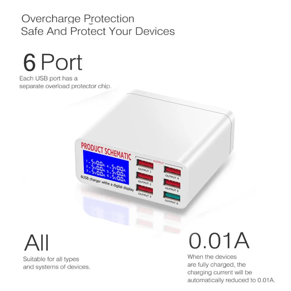 8A QC3.0 USB Charger with LCD Display 6 Ports Desktop Mobile Phone Charger Smart Fast Charging for Smart Phones Tablet PC usb charger