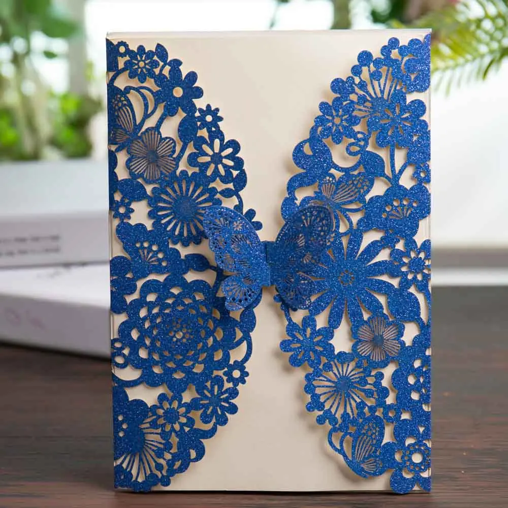 

Wishmade Royal Blue Glitter Laser Cut Wedding Invitations Cards with Butterfly Lace Flower Design for Birthday Party Favor 50pcs