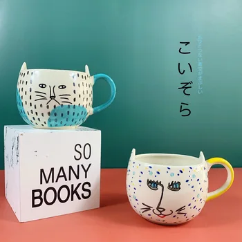 

New 2019 Cartoon Cat Ceramic Mug Creative Hand-drawn Cup with Handgrip Large Capacity Breakfast Milk Tea Belly Mug for Men Women