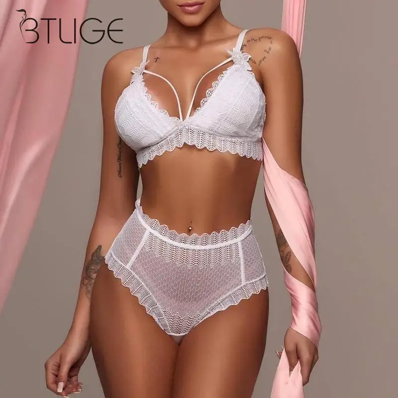 

Women Lace Sexy Bra Set Seamless Lingerie Set Women Transparent Bra High Waist Lace Up Panties Soft Underwear 2019