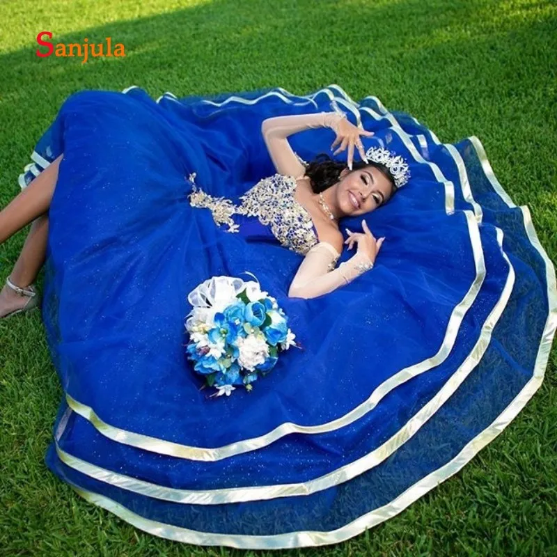 Ярко синий тюль бальное платье без бретелек Quinceanera с открытыми плечами сладкий 16