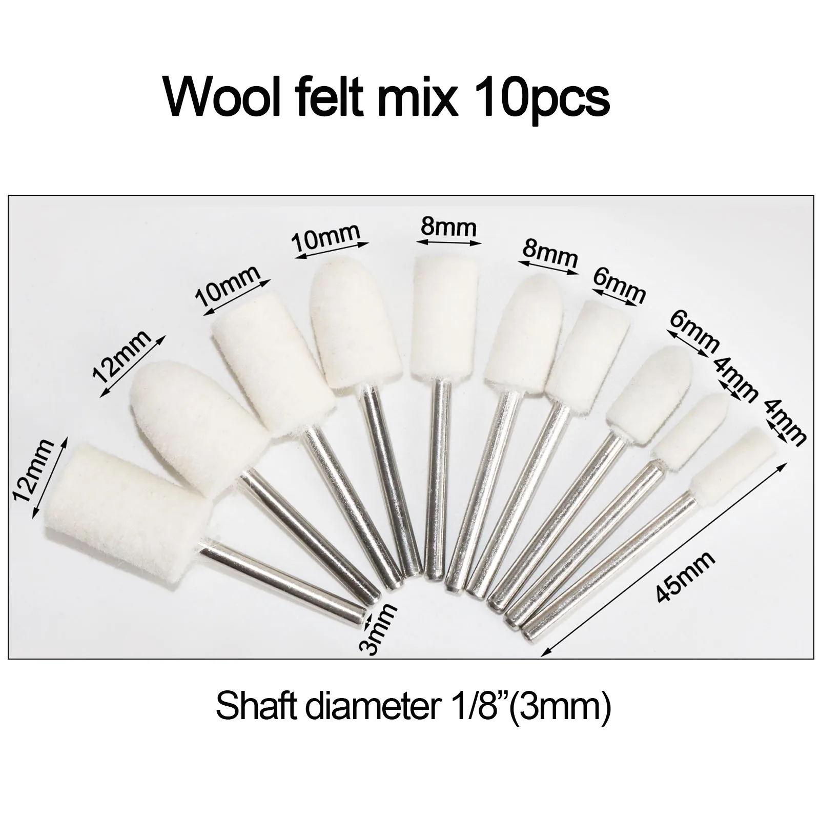 10 pièces roue de polissage montée en feutre de laine OD 3-20mm tête de meulage pour perceuse Dremel outil rotatif tige 3mm