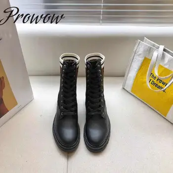 

Prowow Genuine Leather Round Toe Lace Up Ankle Boots Knitted Letters Thick Heel Low Heel Luxury Boots Botas Mujer