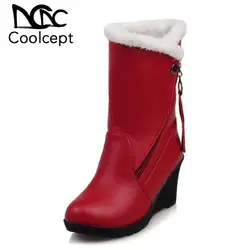 Coolcept Размеры 30-52 женские круглый носок клин ботинки до середины икры Для женщин утепленные мехом Зимние теплые Полуботинки Зимние боты