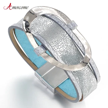 

Amorcome Round Metal Charm Bracelets For Women 2019 Fashion Female Wide Leather Bracelets & Bangles Female Jewelry