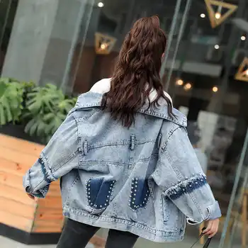 

2019 Autumn Heavy Nail Pearl Denim Jacket Women Loose Chaqueta Mujer Harajuku Loose Korea Boyfriend Streetwear Rivet Coat