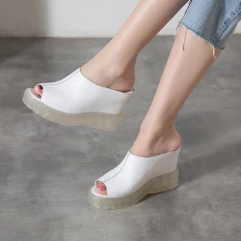 

Solid Color Genuine leather wedges women sandals Top Quality Wedding High Heeled Summer Show Sexy peep Toe Shoes Woman